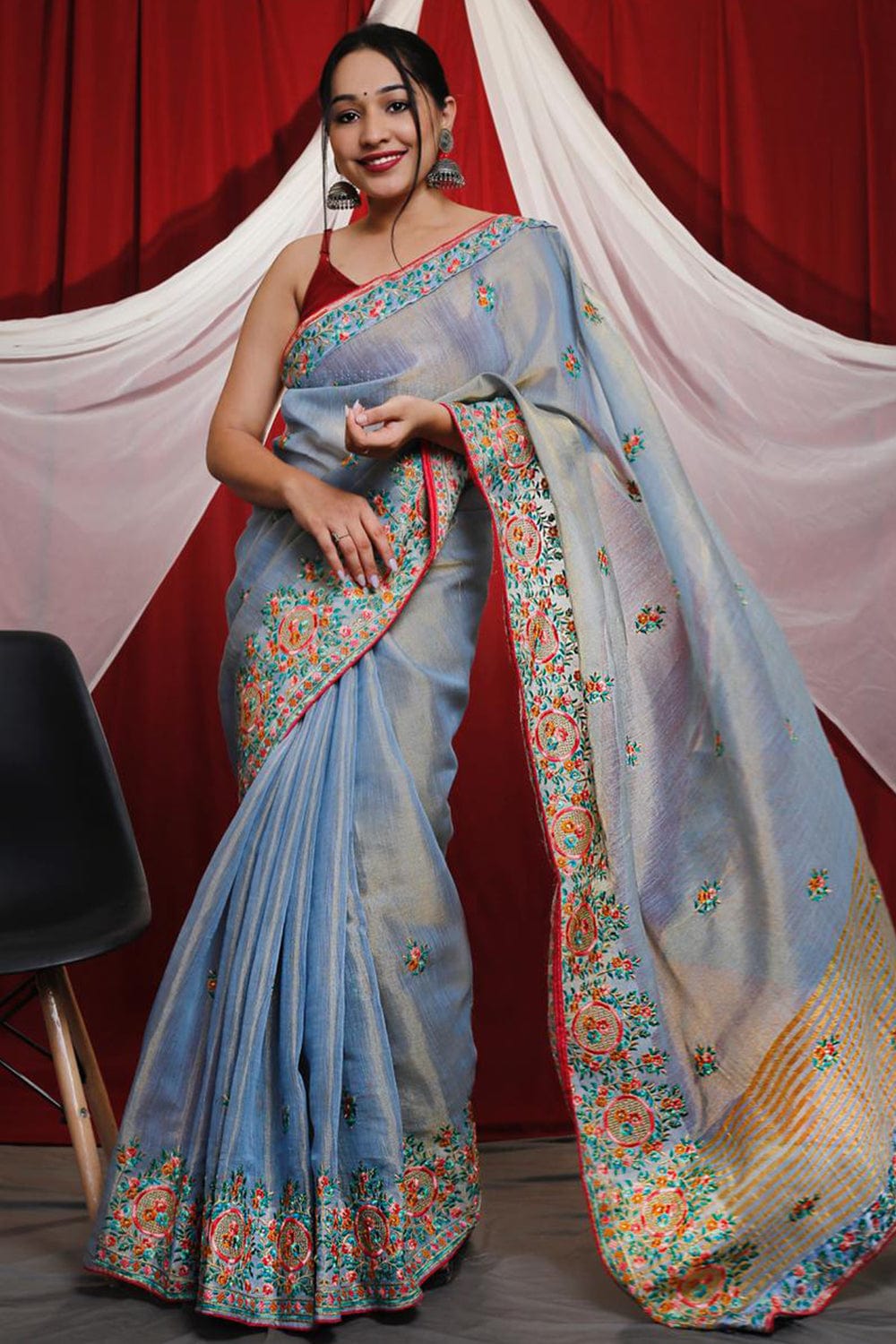 3602 SkyBlue Chiffon Net Half Embroidered Saree, With Blouse Piece at Rs  5915 in Surat