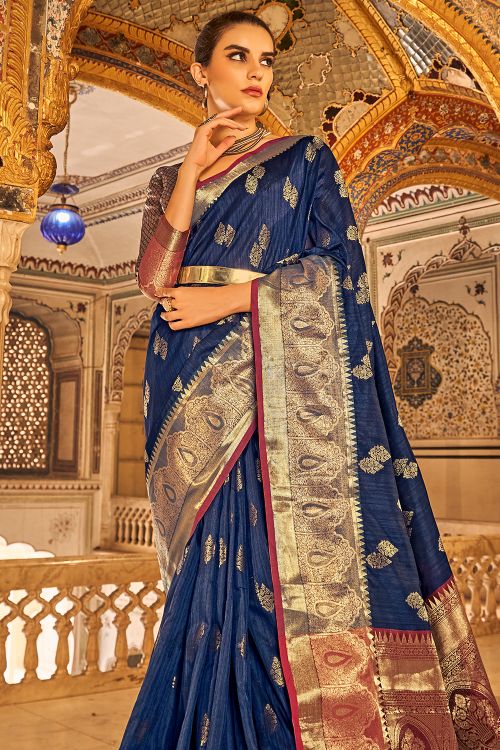 Online Fashion Shopping Printed Tussar Silk Blue Saree|SARV133971