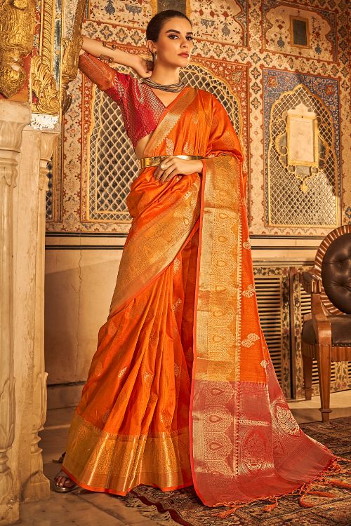 Crayola Orange Kanjivaram Silk Saree With Big Border | Singhania's